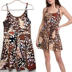 Rachel Roy Fit & Flare Mini Dress Medium Brown Abstract Print Sleeveless Pleated